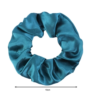 Detailed view of dark cyan satin scrunchie with 10cm outer diameter measurement