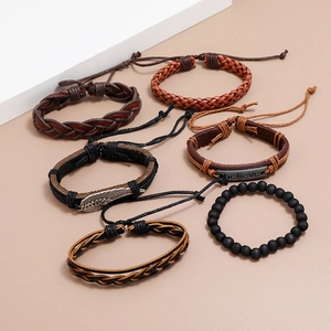 Set of 6 multilayer woven leather bracelets with vintage beads and believe metal plate