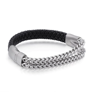 Men Bracelet Stainless Steel And Genuine Leather Braided Rope Dual Row Chain Punk Rock Fashion Jewelry