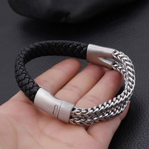 Men's leather braid and stainless steel double row curb chain bracelet with matte clasp