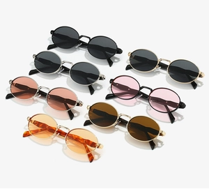 Detailed overhead view of oval frame sunglasses in seven colors with metal temples