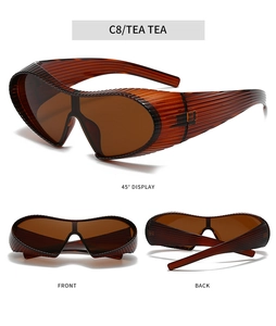 Three views of ribbed steampunk sunglasses with tinted tea lenses in wraparound style
