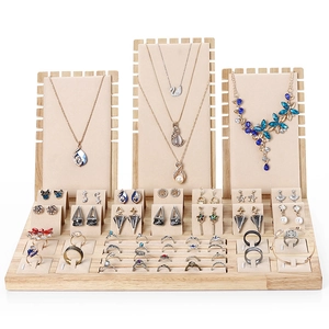 Bamboo and beige velvet jewelry display set for necklaces, rings and earrings
