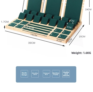 Bamboo jewelry display set dimensions with green microfiber trays and ring slots