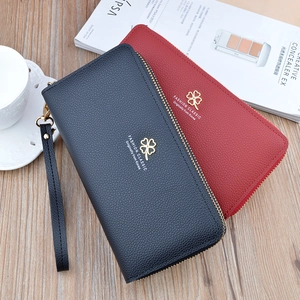Litchi texture long leather wallets with double zippers and golden clover hardware