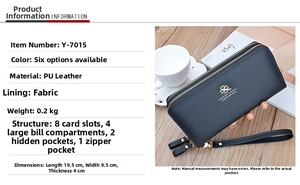 Detailed specs of lychee pattern double zipper wallet showing size 19.5x9.5x4cm and PU material