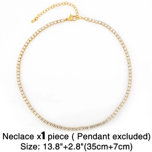 Gold tennis necklace with white round rhinestones and adjustable extension chain