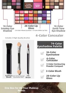 Detailansicht der 74-Farben-Make-up-Palette mit Lidschatten, Lipgloss und Concealer
