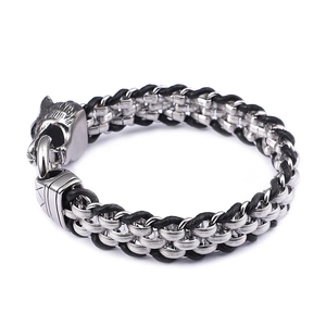 Men's punk wolf head braided leather bracelet with stainless steel clasp on white background