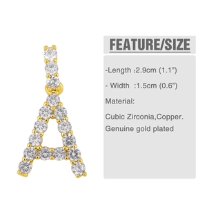 Détail du pendentif lettre A plaqué or avec zircons et spécifications de dimensions