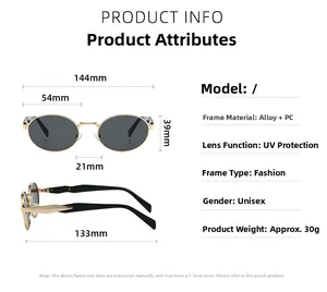 Detailed size specifications for metal oval sunglasses including 144mm width and UV lens info