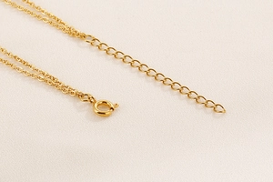 Macro view of gold spring clasp and heart-shaped extender on a metal necklace