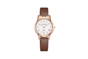 Detail of rose gold cat ear watch bezel with heart second hand and brown leather strap