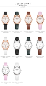 Detail view of quartz watch set featuring cat-ear cases and various colorful leather straps