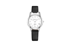 Detail of cute cat ear watch case with black leather strap and heart dial