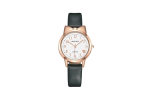 Detail of rose gold cat-ear case and heart motif on a white dial with green leather strap