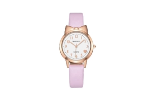 Detailed macro view of a pink leather watch strap with rose gold cat ear case and heart dial