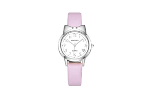 Detail of pink leather quartz watch with cat ears and heart dial on white background