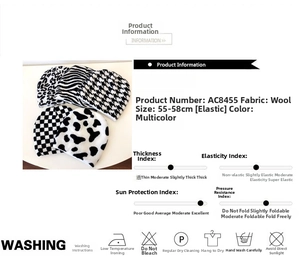 Detailed size guide and washing instructions for leopard print knitted beanies