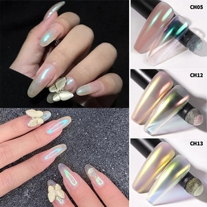 Detail view of chrome nail powder cushion pens showing aurora effect on 3D butterfly art