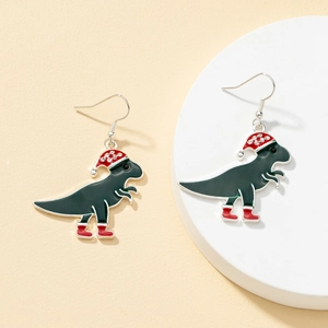 Christmas Dinosaur Drop Earrings Alloy Enamel With Silver Hook Red Hat Green Animal Festive Holiday Jewelry For Women
