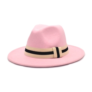 Close-up of pink wool fedora hat featuring a contrast striped decorative ribbon band