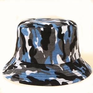 Detailed stitching on blue camouflage bucket hat brim with reinforced sewing lines