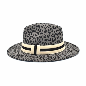 Grey leopard print fedora wool hat with a decorative woven band and flat wide brim