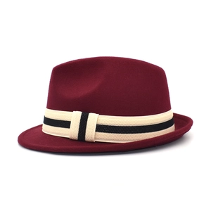 Classic burgundy wool fedora hat with striped ribbon band for men and women