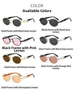 Matrix display of metal oval sunglasses in seven trendy frame and lens color options