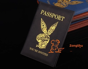 Detail view of premium PU leather passport covers with gold foil bunny and logo embossing