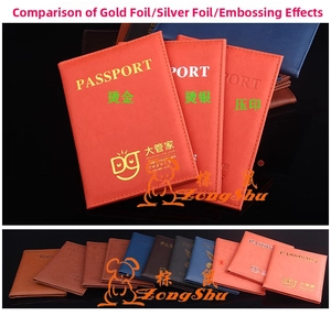 Detail of leather passport covers with gold, silver stamping and embossed logo effects