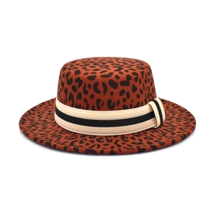 Flat top leopard print wool fedora with decorative striped ribbon band for women
