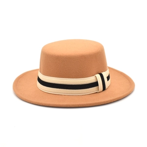 Flacher Boater Hut Wollfilz Breite Krempe Fedora Mit Gestreiftem Band Eleganter Winter Herbst Reise Für Damen