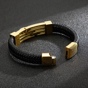Men's braided black leather bracelet with golden stainless steel magnetic clasp