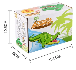 Detail of Crocodile Adventure toy packaging box with dimensions 15.5 x 8 x 10.5 cm