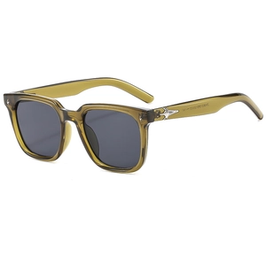 Retro olive green square sunglasses with dark grey lenses and silver star accents
