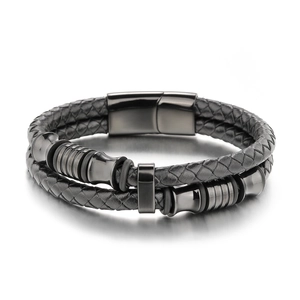 Bracelet multicouche en cuir pour homme avec fermoir magnétique en acier gris