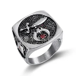 Men's retro stainless steel Shriners ring with scimitar crescent and red stone