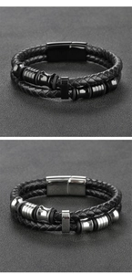 Détails macro de bracelets en cuir tressé double couche avec fermoirs argentés et noirs