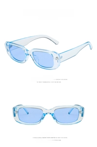 Close-up detail of transparent blue rectangular sunglasses with a trendy jelly finish