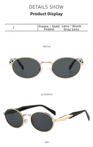 Detailed views of vintage oval sunglasses with gold metal frames and dark gray lenses