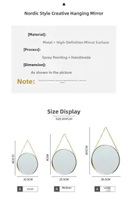 Size chart for Nordic iron wall-mounted mirrors showing dimensions for small medium large