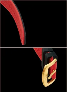 Detail of red and black silicone sport watch strap with gold stainless steel buckle