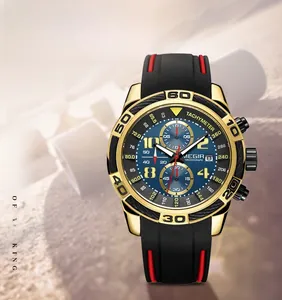 Detail of MEGIR men's sports watch featuring a golden bezel and black silicone strap