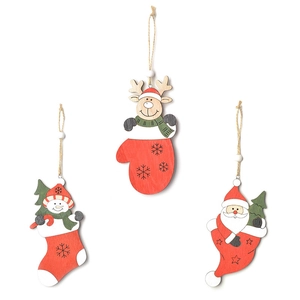 Lot de 3 suspensions de Noël en bois représentant le Père Noël, un renne et un bonhomme de neige