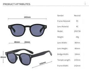 Detailed size chart for retro round sunglasses showing frame dimensions and PC material specs