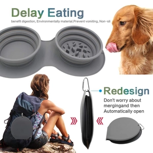 Collapsible silicone pet double bowl with slow feeder design for outdoor travel