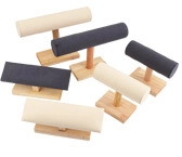Detail of T-bar wooden jewelry display stand with beige and grey velvet finish
