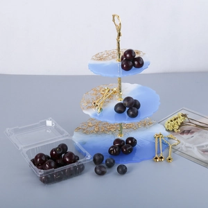 Detailed view of DIY 3-tier blue resin flower cake stand with gold leaf and metal handle